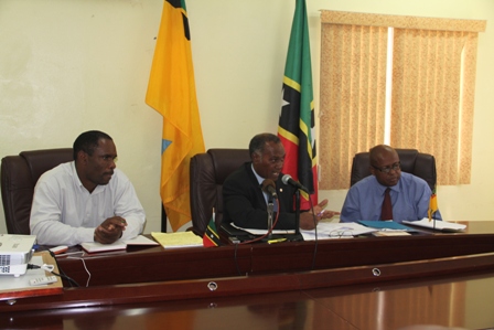 Premier of Nevis and Minister of Finance in the Nevis Island Administration Hon. Vance Amory (middle) addressing local media at the Ministry of Finance Conference Room in Charlestown. He is flanked by Treasurer in the Nevis Island Administration Mr. Colin Dore (l) and Permanent Secretary in the Ministry of Finance on Nevis Mr. Laurie Lawrence (r)